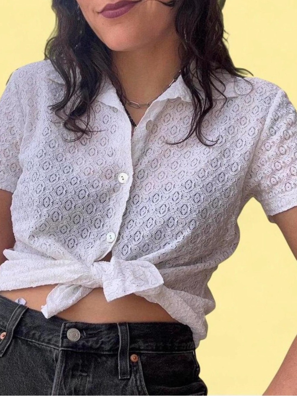 Women's White Lace Button-Up Tie-Front Top